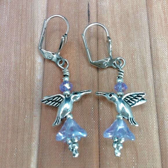 Silver Hummingbird Earrings Dangle Tibetan Whimsical Handmade Crystal Beads NEW - Picture 7 of 10